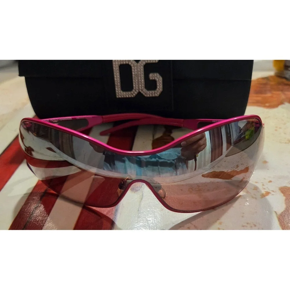 Vintage Dolce & Gabbana Shield Sunglasses, Rhinestone Logo, pink Frame Y2K